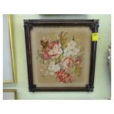 Needlework picture of flowers in a rose wood