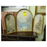 TOC folding, oak tryptic with framed watercolors
