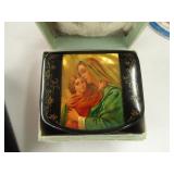 Russian, black lacquer box with Mother of Pearl,