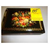 Russian, floral, black lacquer box, artist signed