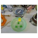 Green opalescent bowl, a blue bowl, amethyst bowl