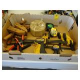 Box of clamps and tape measures