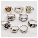 Silver Rings Incl Faux Swivel Coin Etc (9)