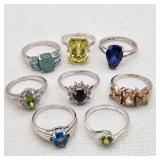 Silver Rings w/ Gemstones Topaz Sapphire Etc (8)