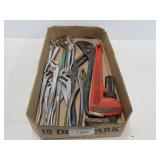 Tray Lot of Pliers and Pipe Wrench