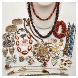 Vintage Jewelry Incl Amber Garnets Rhinestones