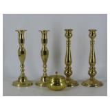 Brass Candlesticks and Lidded Jar