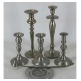Pewter Candlesticks and Tray