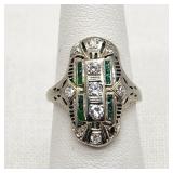 14K White Gold Deco Ring Emeralds & Diamonds