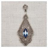Deco 10K White Gold Pendant Blue Stone