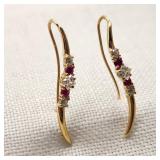 14K Gold Pierced Earrings Rubies Diamonds
