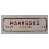 Manassas Fireman License Plate Tag