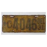 1931 Delaware License Plate