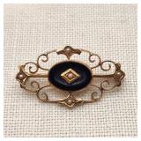 14K Gold Onyx & Seed Pearls Brooch