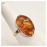 583 (14K) Soviet Rose Gold Ring w/ Amber