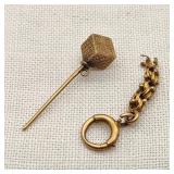14K Gold Cube Stick Pin As Found & Watch Chain Bit