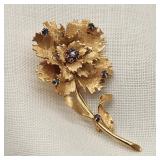 14K Gold Carnation Brooch w/ Sapphires & Pearl