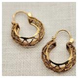 14K Gold Filigree Hoop Pierced Earrings