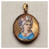 14K Gold Victorian Painted Enamel Locket Pearls