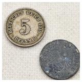 German 1910 5 Pfennig & 1942 1 Pfennig