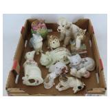 Cat and Dog Ceramic Figurines and Wicker Picnic Ba