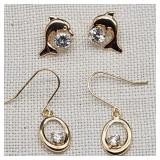 14K Gold Dolphins & Dangles w/ CZs Earrings