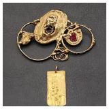GB' 9 CT Gold Pendant + Silver Brooch Raw Ruby