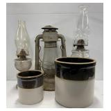 Lamps, Lantern and Stoneware Crocks