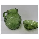 Green Glass Pitcher and Bowl