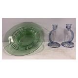 Green Glass Bowl and Candlesticks