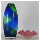 Art Glass Vase & Ruffled Bowl