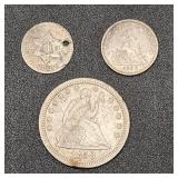 Silver 1852 3-Cent + 1858 Half Dime & Quarter