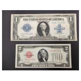 1923 $1 Horse Blanket Silver Cert. + 1928G $2