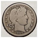 1909 Barber Silver Quarter VG+