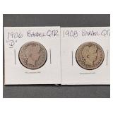 1906D & 1908 Barber Silver Quarters
