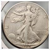 1938-D Walking Liberty Silver Half Dollar EF+
