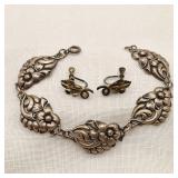 Vintage Silver Floral Bracelet + Earrings