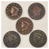 Coronet Head Large Cents (5) 1822/ 25/ 29/ 31