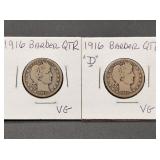 1916 & 1916D Barber Silver Quarters VG