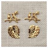 14K Gold Lovebirds + Leaves Pierced Earrings