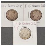 1914 / 1915 / 1916D Barber Silver Quarters