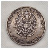 1876 Deutches Reich Silver 5 Mark Coin