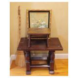 Oak Table, Stool, Framed Art, and Broom