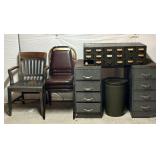 Metal Desk, Chairs, and Cabinets