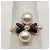 14K Gold Ring w/ Pearls & Enamel