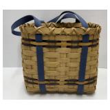 Signed Woven Basket with Blue Handles