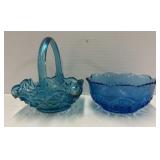 Blue Pressed Glass Basket and Bowl