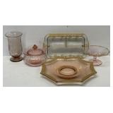 Pink and Gold Glass Serving Pieces