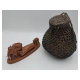 Wood Elephant Carving & Woven Basket
