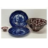 Blue Transferware and Ruby Glass Bowls